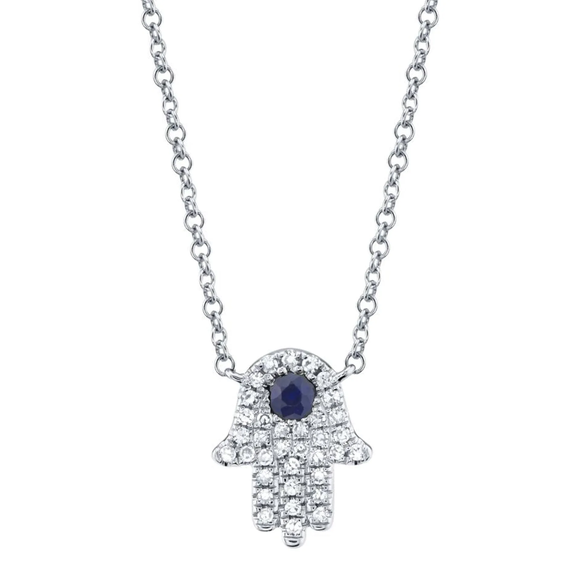0.09CT DIAMOND & 0.08CT BLUE SAPPHIRE HAMSA NECKLACE