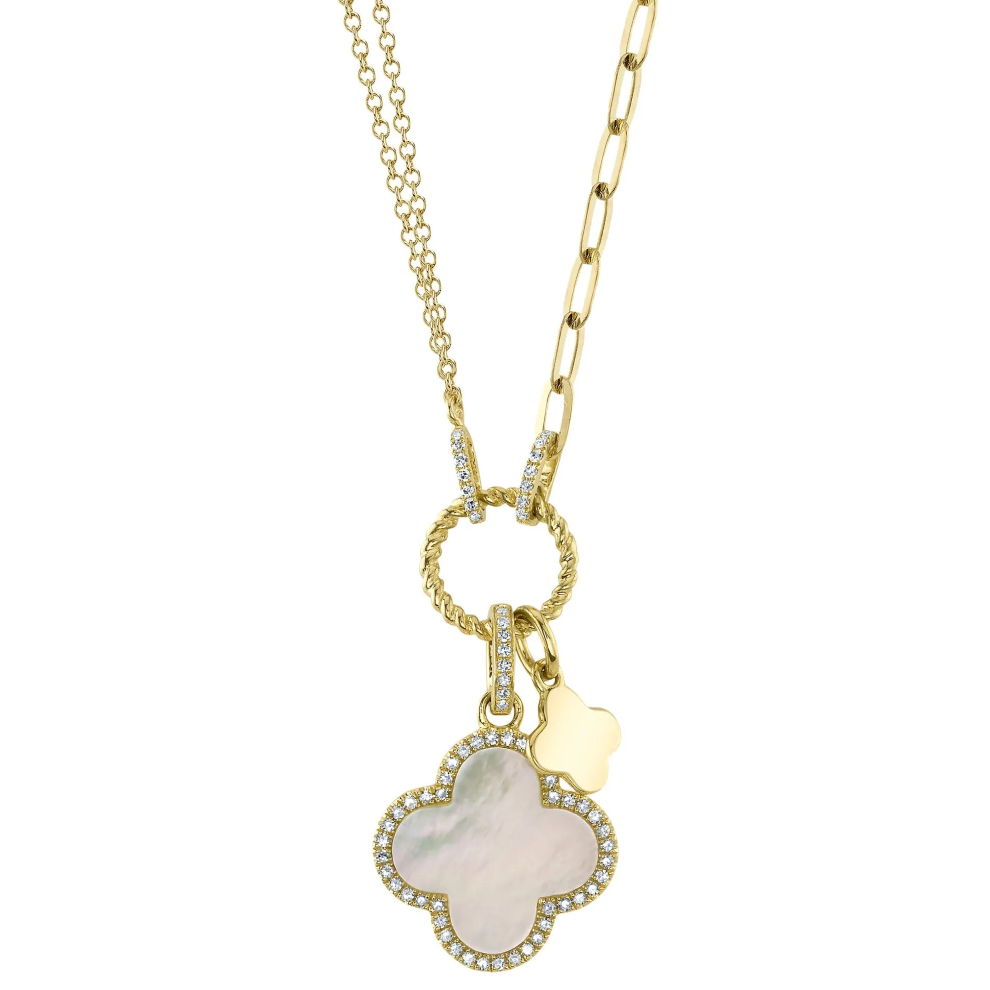 0.17CT DIAMOND & 1.36CT MOTHER OF PEARL CLOVER PAPER CLIP LINK NECKLACE