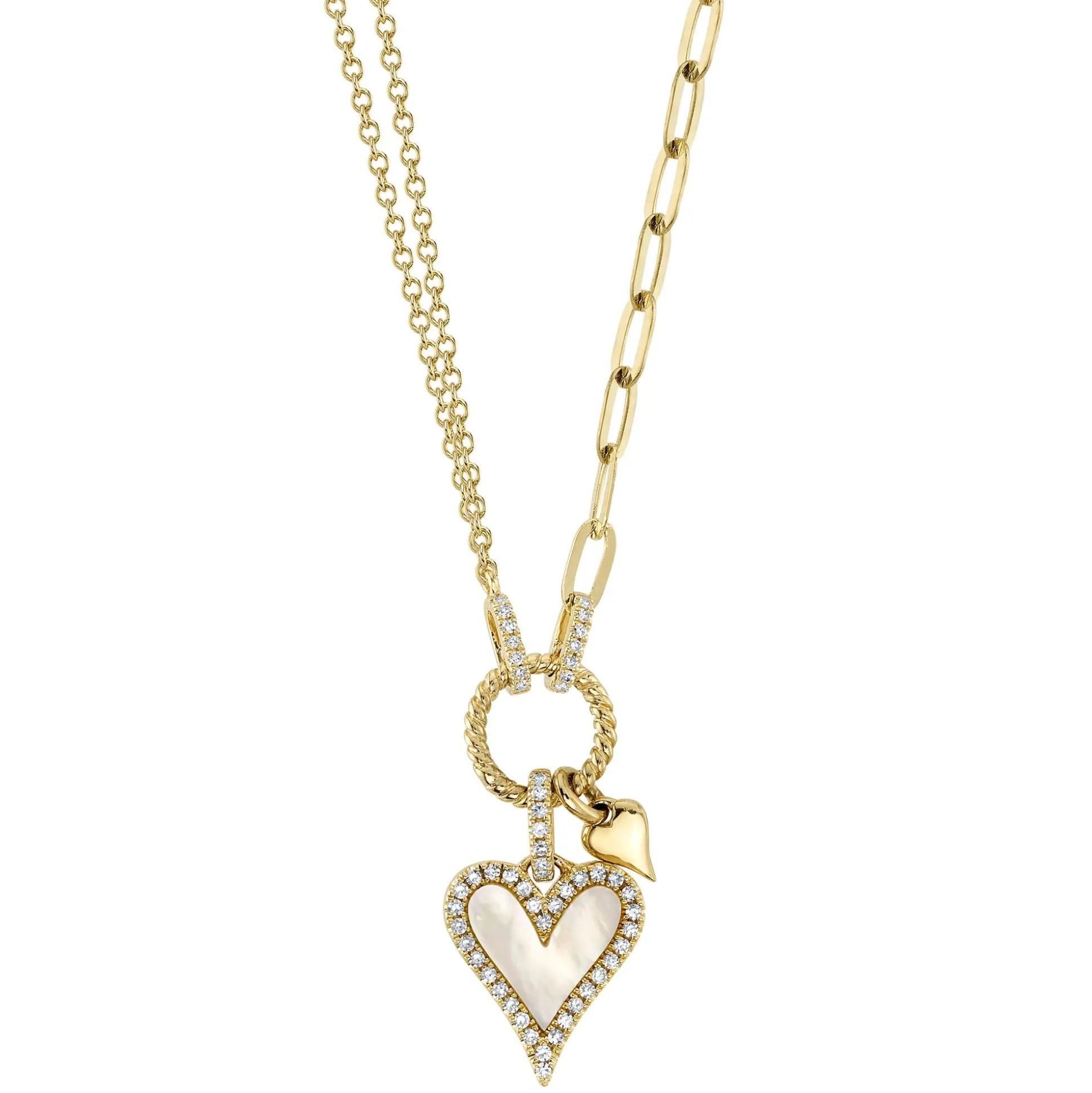 0.13CT DIAMOND & 0.41CT MOTHER OF PEARL HEART PAPER CLIP LINK NECKLACE