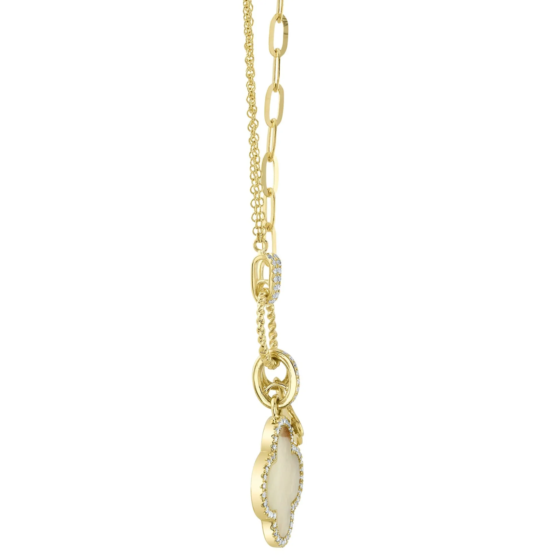 0.17CT DIAMOND & 1.36CT MOTHER OF PEARL CLOVER PAPER CLIP LINK NECKLACE