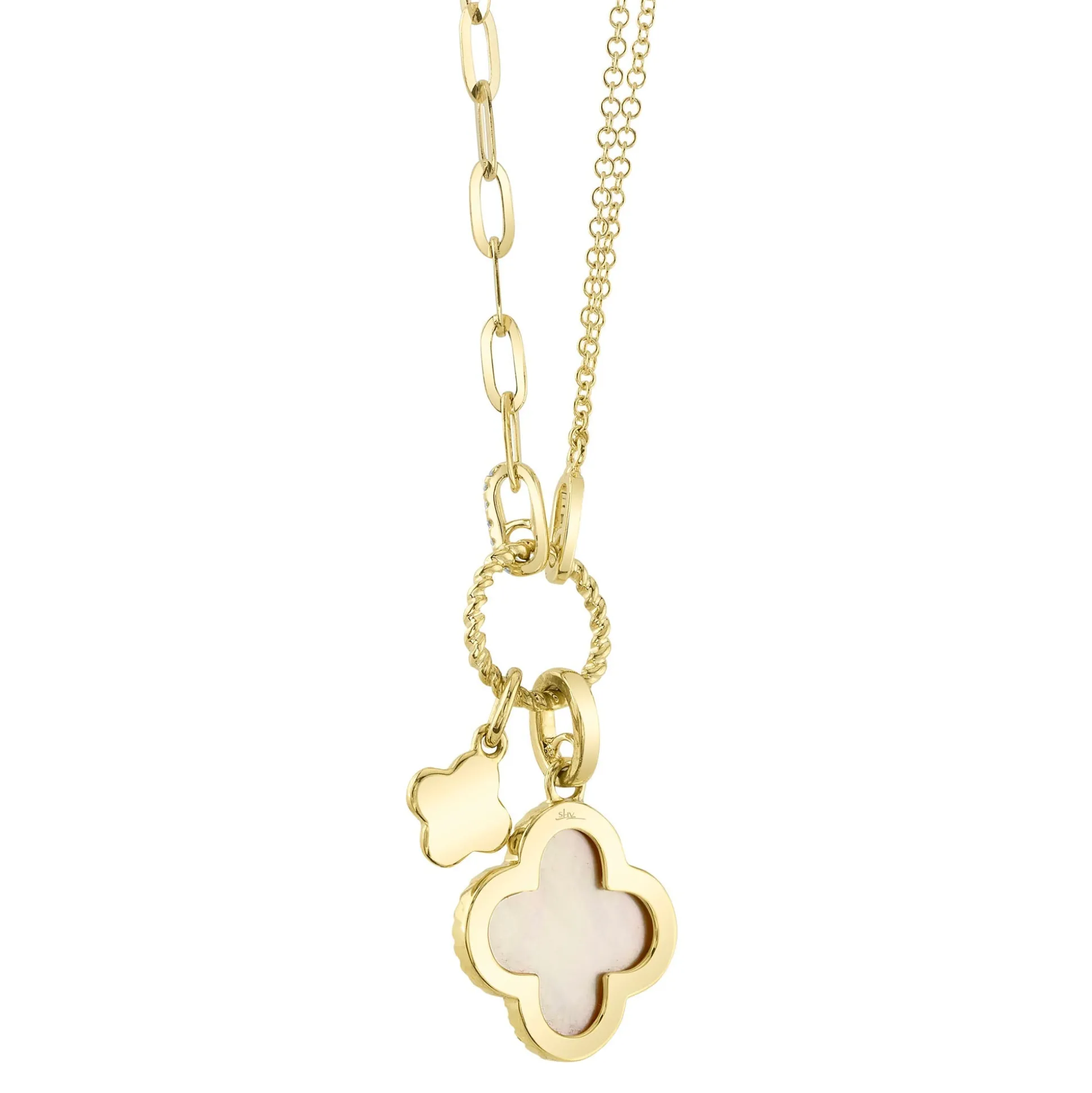 0.17CT DIAMOND & 1.36CT MOTHER OF PEARL CLOVER PAPER CLIP LINK NECKLACE
