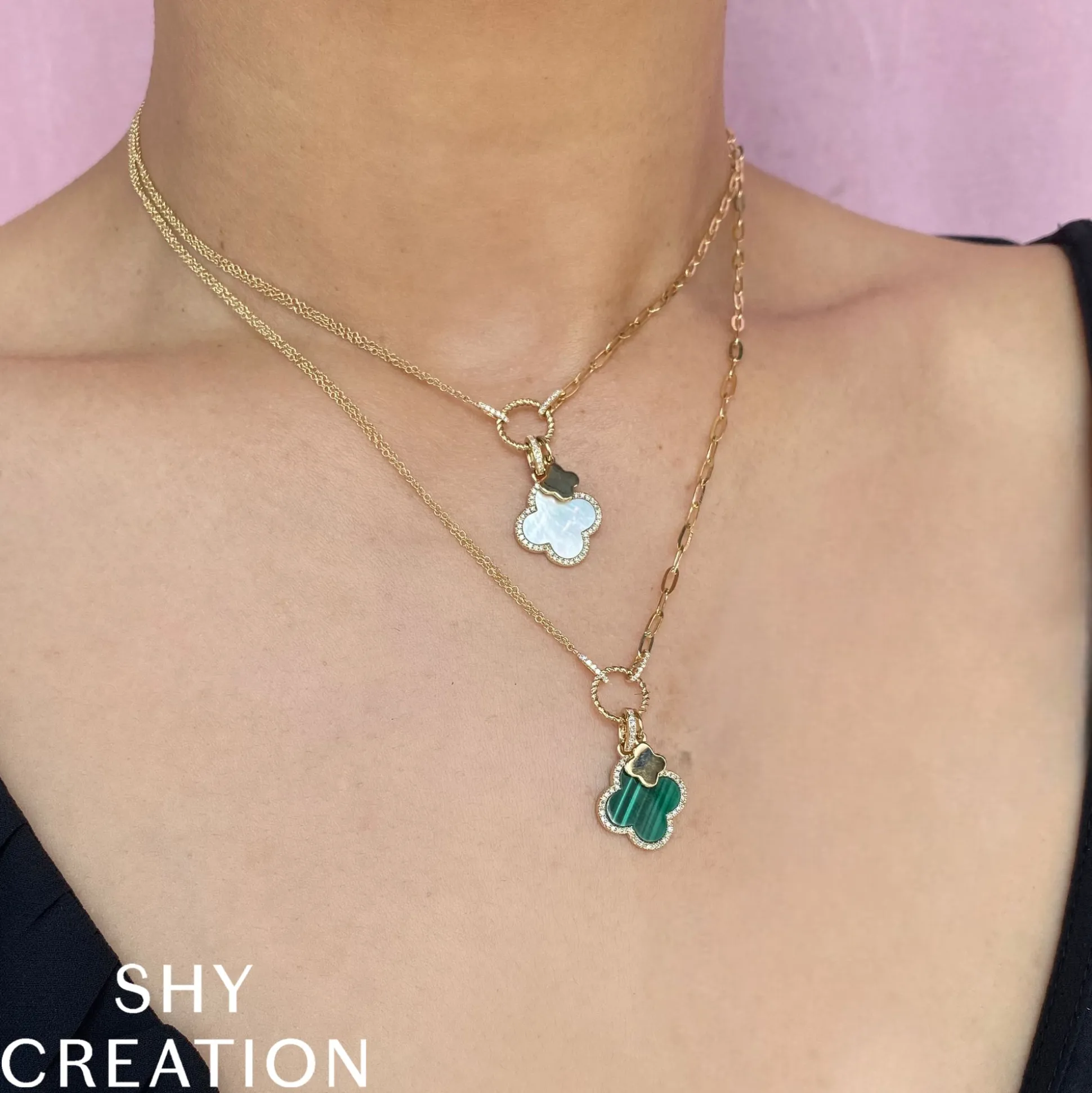 0.17CT DIAMOND & 1.36CT MOTHER OF PEARL CLOVER PAPER CLIP LINK NECKLACE